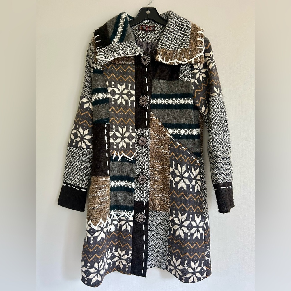KESSLEY Patchwork Fair Isle Sweater Coat Boho Art Wear Nordic Lagenlook Sz Small - Picture 3 of 16